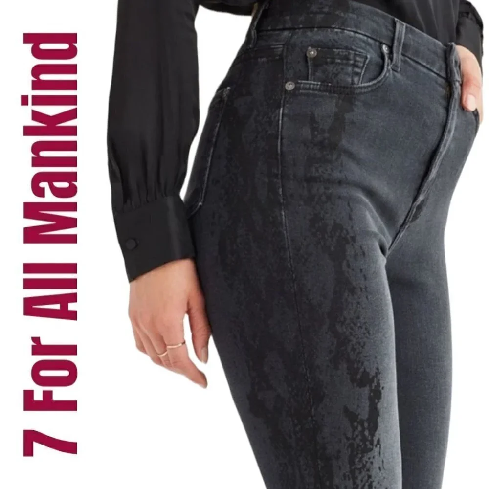 NWT 7 FOR ALL MANKIND Aubrey Vintage Luxe Black Snakeprint Skinny Jeans, Size 29
